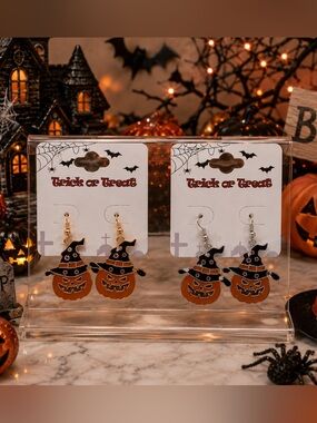 Halloween Jack-O'-Lantern Witch Hat Dangle Earrings - Orange & Black 2 pairs
